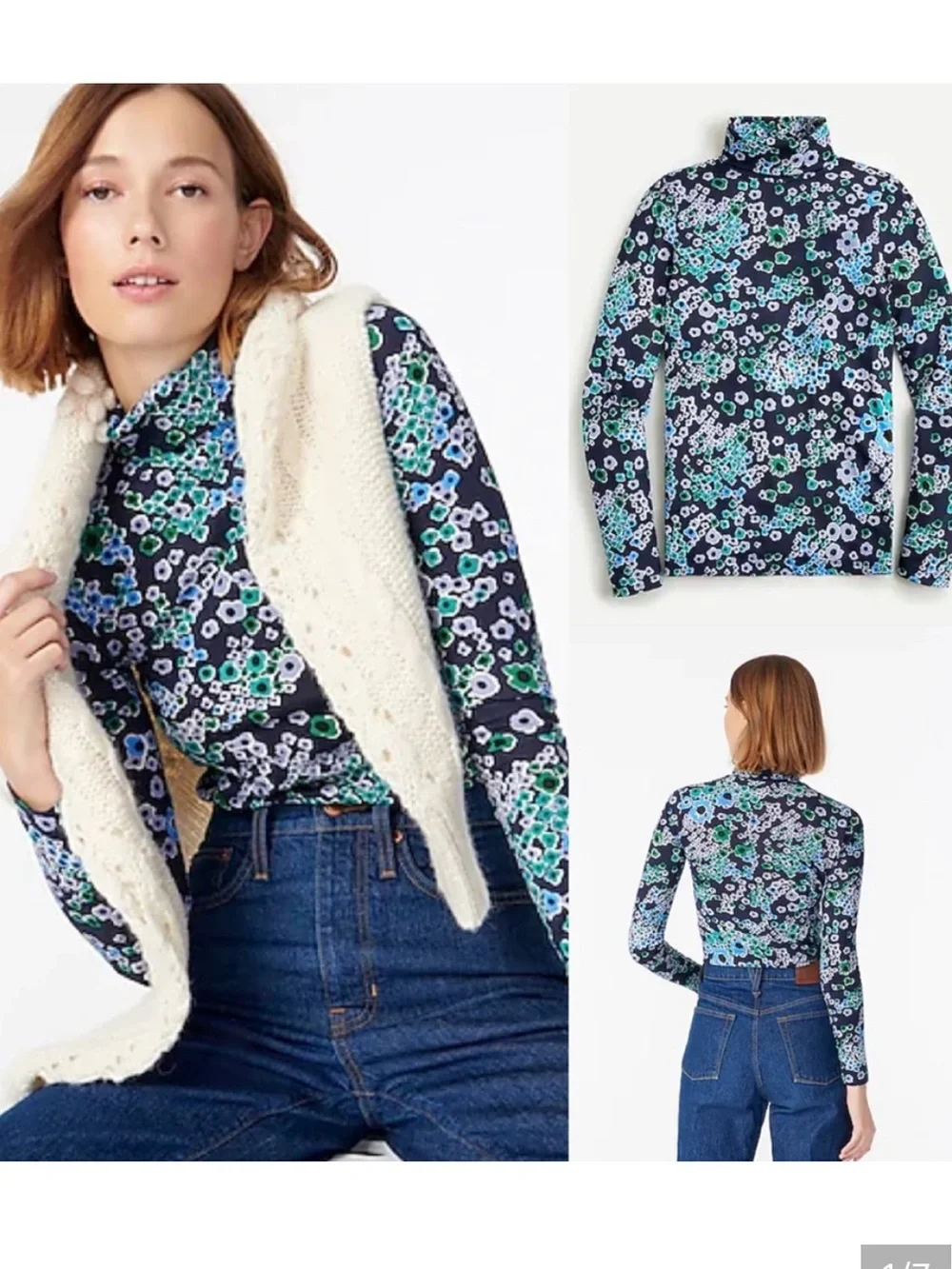 J. Crew Floral Printed Tissue Turtleneck large - navy teal multi